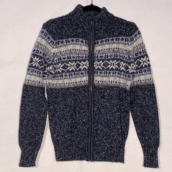 Vintage One On One Full Front Zip Grey Mock Neck Fair Isle Grandma Sweater M - Picture 9 of 11